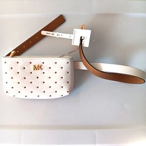 NEW Michael Kors Leather Belt Bag White Gold Studs Small Medium Zipper Top